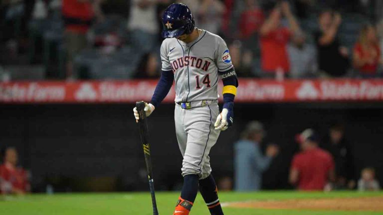 Houston Astros' Mauricio Dubon walks back to the dugout after striking out for the final out of the ninth inning of a baseball game against the Los Angeles Angels, Friday, Sept. 26, 2025, in Anaheim, Calif. (Jayne Kamin-Oncea/AP)