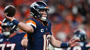 Denver Broncos quarterback Bo Nix throws against the the Cincinnati Bengals during the first half of an NFL game Monday, Sept. 29, 2025, in Denver. (Jack Dempsey/AP)