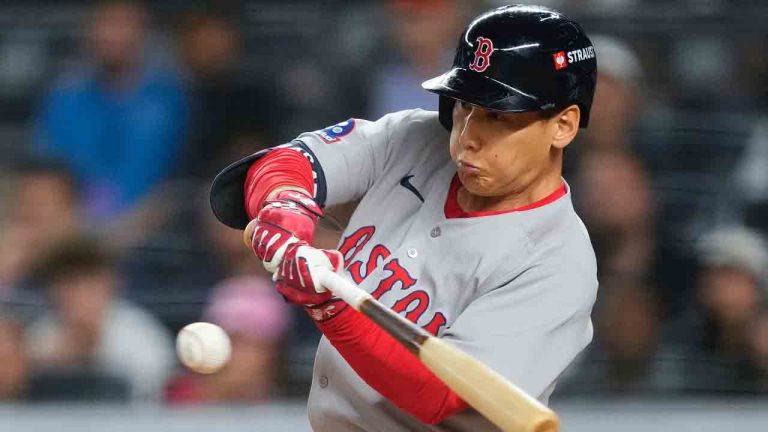 Boston Red Sox outfielder Masataka Yoshida connects for two-run single against the New York Yankees during the seventh inning of Game 1 of an American League wild-card baseball playoff series, Tuesday, Sept. 30, 2025, in New York. (Yuki Iwamura/AP)