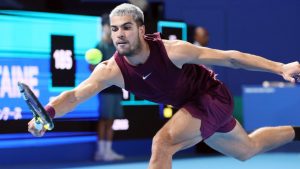 September 27, 2025, Tokyo, Japan - Carlos Alcaraz of Spain returns the ball against Zizou Berga of Belgium during a second round match of the Japan Open Tennis tournament in Tokyo on Saturday, September 27, 2025. Alcaraz defeated Bergs 6-4, 6-3. (Credit Image: © Yoshio Tsunoda/AFLO via ZUMA Press)