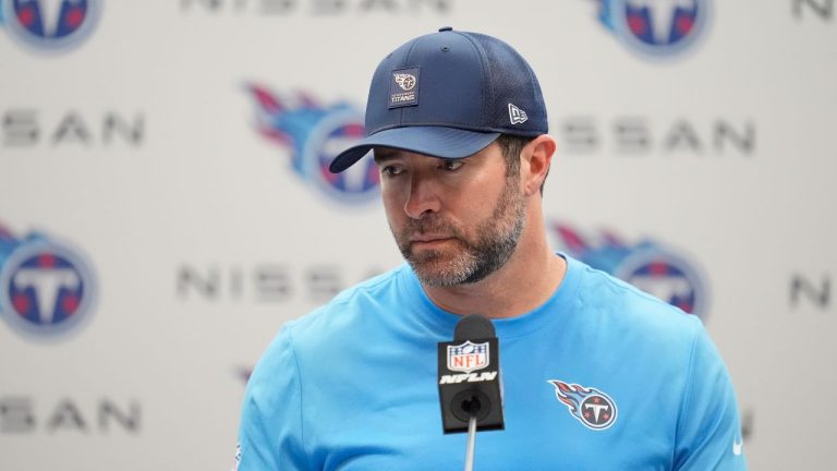 Tennessee Titans head coach Brian Callahan speaks during a news conference after an NFL football game against the Indianapolis Colts, Sunday, Sept. 21, 2025, in Nashville, Tenn. (George Walker IV/AP)