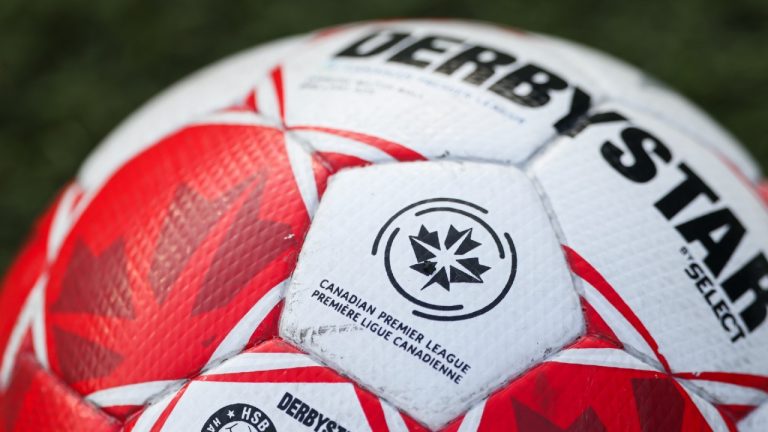 The Canadian Premier League logo on a soccer ball. (Nick Iwanyshyn/CP)