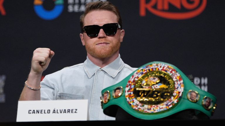 Canelo Alvarez motions during a news conference Friday, June 27, 2025, in Las Vegas. (John Locher/AP)