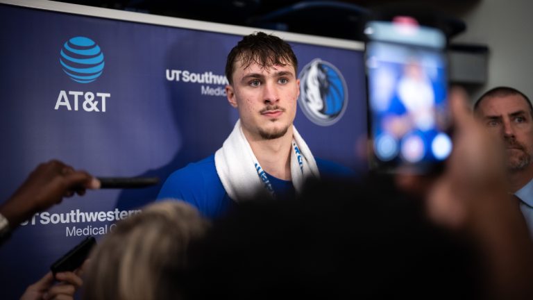Dallas Mavericks' Cooper Flagg speaks with reporters after a training camp session at Simon Fraser University in Burnaby, B.C., Tuesday, Sept. 30, 2025. (Ethan Cairns/CP)