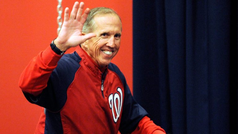 Washington Nationals manager Davey Johnson reacts as he arrives for a post-game news conference after Game 4 of the National League division baseball series against the St. Louis Cardinals on Thursday, Oct. 11, 2012, in Washington. (Nick Wass/AP)