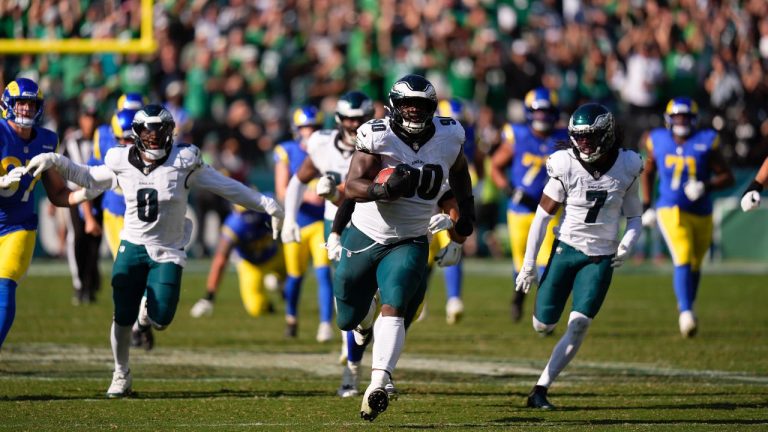 Philadelphia Eagles defensive tackle Jordan Davis runs the ball back for a touchdown after blocking a field goal attempt as time expires during the second half of an NFL game against the Los Angeles Rams Sunday, Sept. 21, 2025, in Philadelphia. (AP/Chris Szagola)