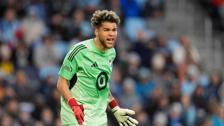 Minnesota United goalkeeper Dayne St. Clair (97) reacts during the first half of an MLS soccer match against St. Louis City. (Abbie Parr/AP)