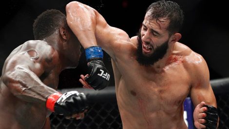 Dominick-Reyes-hits-Ovince-Saint-Preux-with-an-elbow-during-a-mixed-martial-arts-bout-at-a-UFC-event-in-Las-Vegas
