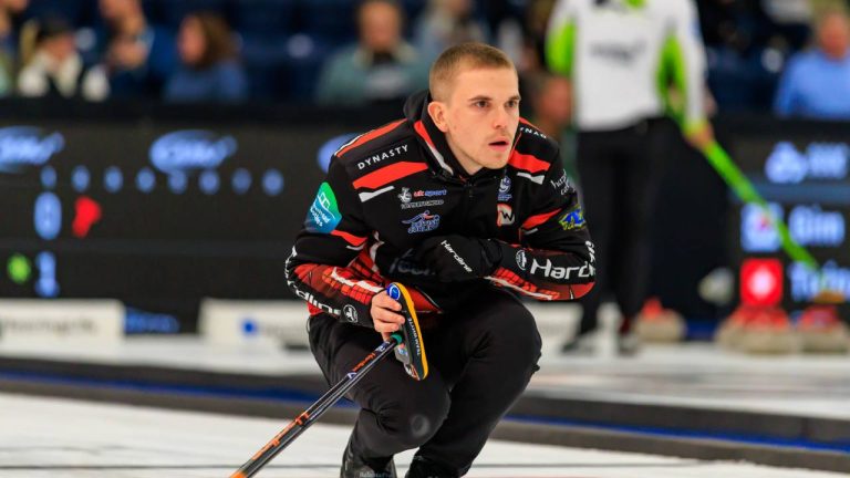 Scotland’s Team Ross Whyte watching his rock during the first end vs. Scotland’s Team Bruce Mouat at the AMJ Masters, Saturday Sept. 27, 2025, in London, Ont. (Doris Weir/TCG)
