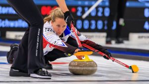 Canada’s Team Rachel Homan sliding out during the seventh end vs. Sweden’s Team Isabella Wrana at the AMJ Masters, Wednesday Sept. 24, 2025, in London, Ont. (Doris Weir/TCG)
