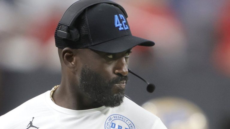 UCLA head coach DeShaun Foster watches as his team plays UNLV during the first half of an NCAA football game Saturday, Sept. 6, 2025, in Las Vegas. (Steve Marcus/Las Vegas Sun via AP)