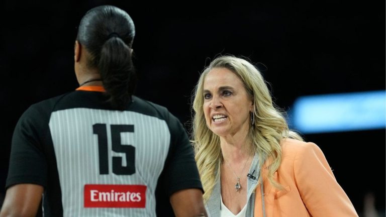 Las Vegas Aces head coach Becky Hammon speaks with an official during the second half of Game 2 of a WNBA basketball playoff semifinals series against the Indiana Fever, Tuesday, Sept. 23, 2025, in Las Vegas. (John Locher/AP)