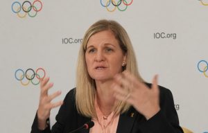 IOC President Kirsty Coventry attends a final press conference with Executive Board members after visiting Olympic and Paralympic Village and various venues in Milan, Italy, Friday, Sept. 19, 2025. (Antonio Calanni/AP)