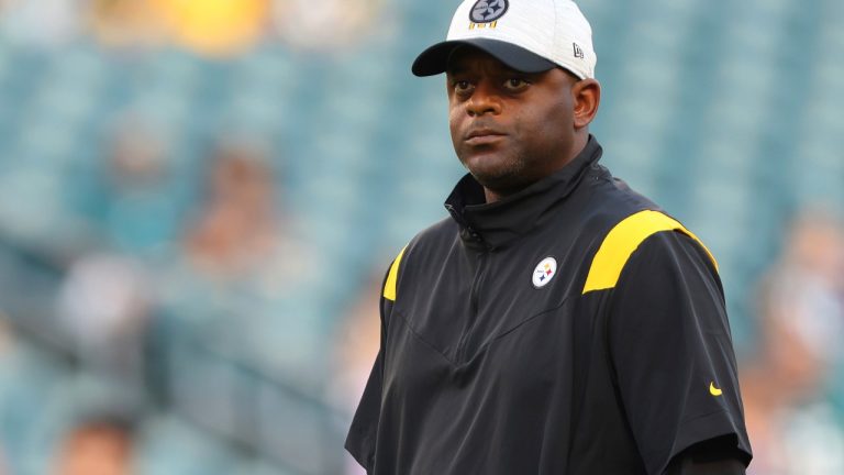 Pittsburgh Steelers wide receivers coach Ike Hilliard looks on before a preseason NFL football game against the Philadelphia Eagles, Aug. 12, 2021, in Philadelphia. (AP Photo/Rich Schultz)