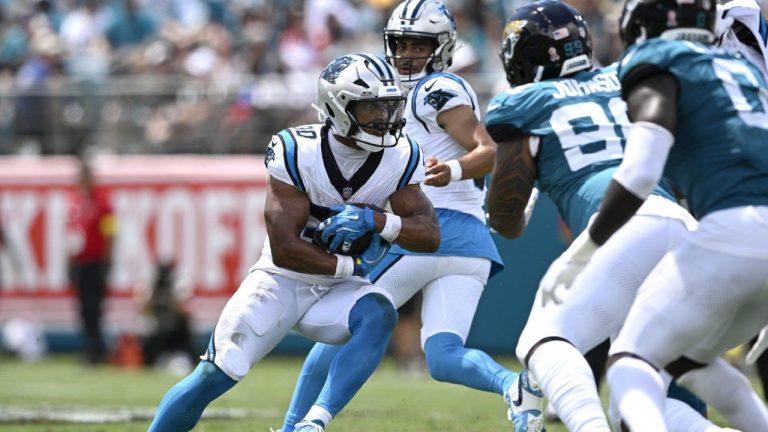 Carolina Panthers running back Chuba Hubbard runs against the Jacksonville Jaguars during the first half of an NFL game, Sunday, Sept. 7, 2025, in Jacksonville, Fla. (AP/Phelan M. Ebenhack)