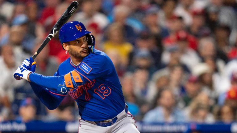 New York Mets' Jose Siri looks on while at bat during the fifth inning of a baseball game against the Philadelphia Phillies, Tuesday, Sep. 9, 2025, in Philadelphia. (Chris Szagola/AP)