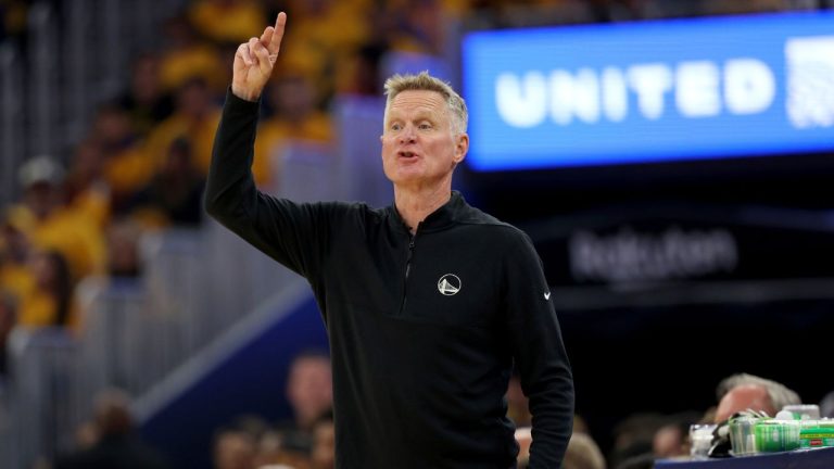 Golden State Warriors head coach Steve Kerr gestures to his team during the first half of Game 4 in the Western Conference semifinals of the NBA basketball playoffs against the Minnesota Timberwolves, Monday, May 12, 2025, in San Francisco. (Jed Jacobsohn/AP)
