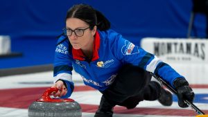 Manitoba skip Kerri Einarson delivers a rock against Canada in the finals during the Scotties Tournament of Hearts in Thunder Bay, Ont., Sunday, Feb. 23, 2025. (David Jackson/CP)
