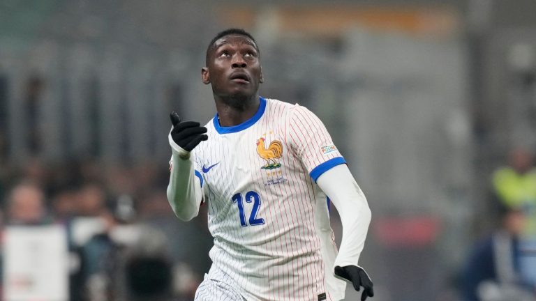France's Randal Kolo Muani controls the ball during an Nations League soccer match between Italy and France, at the San Siro stadium in Milan, Italy, Sunday, Nov. 17, 2024. (Luca Bruno/AP)