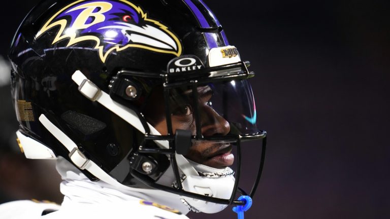 Baltimore Ravens quarterback Lamar Jackson (8) stands on the sidelines during the second half of an NFL football game against the Buffalo Bills in Orchard Park, N.Y., Sunday, Sept. 7, 2025. (Gene J. Puskar/AP)