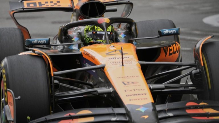McLaren driver Lando Norris of Britain in action during the Azerbaijan Formula One Grand Prix in Baku, Azerbaijan, Sunday, Sept. 21, 2025. (AP/Darko Bandic)