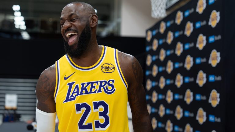 Los Angeles Lakers' LeBron James shares a laugh with a reporter during the NBA basketball team's media day in El Segundo, Calif., Monday, Sept. 29, 2025. (Jae C. Hong/AP)
