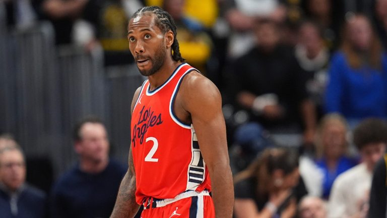 Los Angeles Clippers forward Kawhi Leonard (2) in overtime of Game 1 of an NBA first-round playoff series Saturday, April 19, 2025, in Denver. (David Zalubowski/AP)