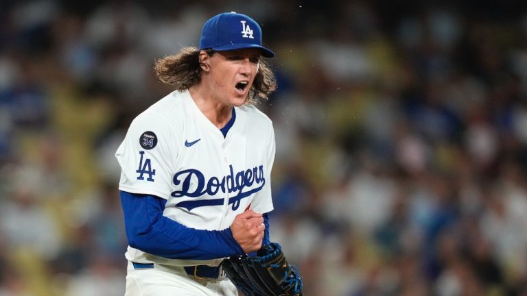 Los Angeles Dodgers starting pitcher Tyler Glasnow celebrates after striking out Colorado Rockies' Ezequiel Tovar to end the top of the seventh inning of a baseball game Monday, Sept. 8, 2025, in Los Angeles. (Mark J. Terrill/AP)
