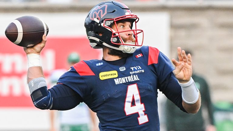 Montreal Alouettes quarterback McLeod Bethel-Thompson throws a pass during first half CFL football action against the Saskatchewan Roughriders in Montreal, Saturday, Aug. 2, 2025. (Graham Hughes/CP)