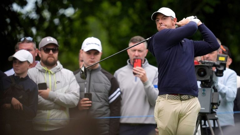 Northern Ireland's Rory McIlroy tees off the fourth hole during the second round of the Irish Open golf tournament, Friday, Sept. 5, 2025, at The K Club in Straffan, Ireland. (Brian Lawless/PA via AP)