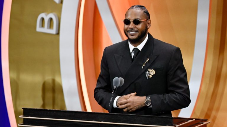 Carmelo Anthony speaks during his enshrinement in the Basketball Hall of Fame, Saturday, Sept. 6, 2025, in Springfield, Mass. (Jessica Hill/AP)