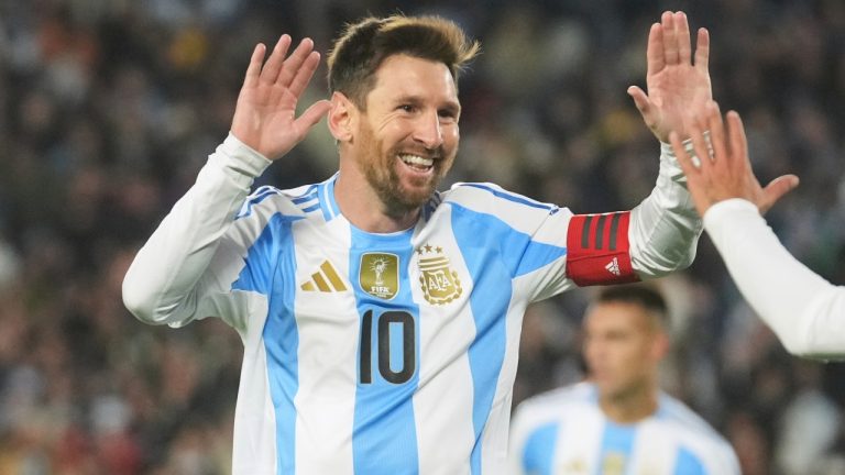 Argentina's Lionel Messi celebrates scoring his side's third goal against Venezuela during a World Cup 2026 qualifying soccer match at the Monumental stadium in Buenos Aires, Argentina, Thursday, Sept. 4, 2025. (Gustavo Garello/AP)