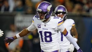Minnesota Vikings wide receiver Justin Jefferson celebrates after scoring during the second half of an NFL football game against the Chicago Bears Monday, Sept. 8, 2025, in Chicago. (Erin Hooley/AP)