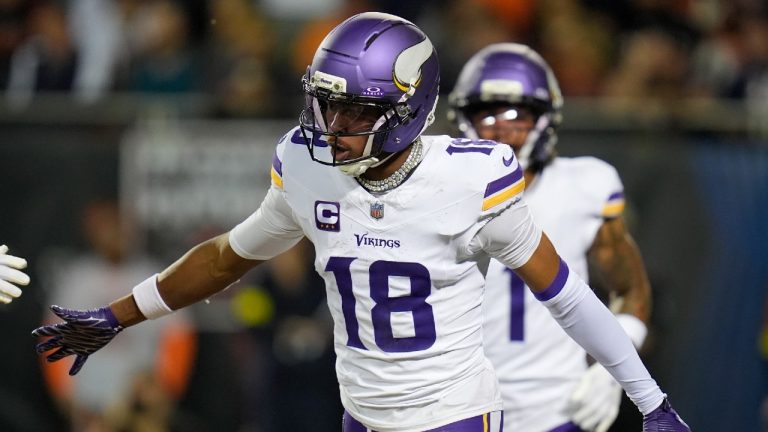 Minnesota Vikings wide receiver Justin Jefferson celebrates after scoring during the second half of an NFL football game against the Chicago Bears Monday, Sept. 8, 2025, in Chicago. (Erin Hooley/AP)