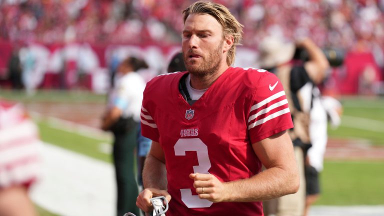 San Francisco 49ers punter Mitch Wishnowsky (3) leaves the field at half time during an NFL football game against the Tampa Bay Buccaneers, Sunday, Nov. 10, 2024, in Tampa, Fla. (Peter Joneleit/AP)