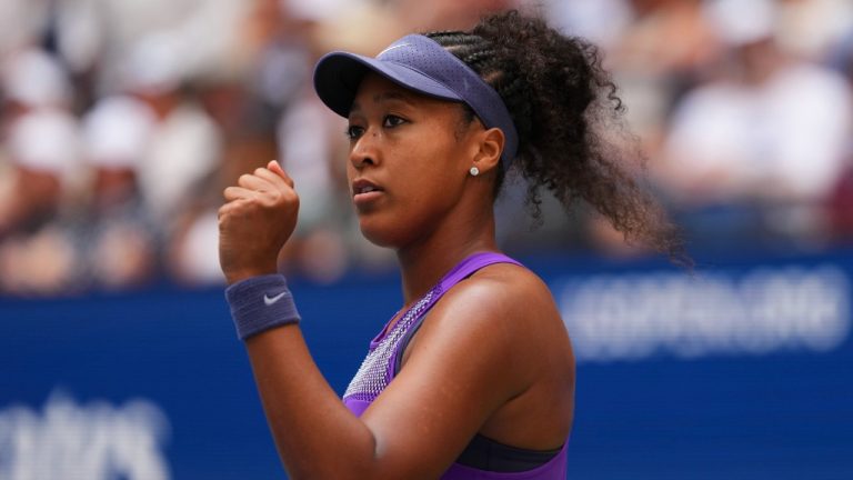 Naomi Osaka, of Japan, reacts during a match against Coco Gauff, of the United States, in the fourth round of the US Open tennis championships, Monday, Sept. 1, 2025, in New York. (Kirsty Wigglesworth/AP)