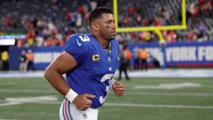 New York Giants quarterback Russell Wilson (3) jogs off the field following an NFL football game against the Kansas City Chiefs Sunday, Sept. 21, 2025, in East Rutherford, N.J. (Adam Hunger/AP)