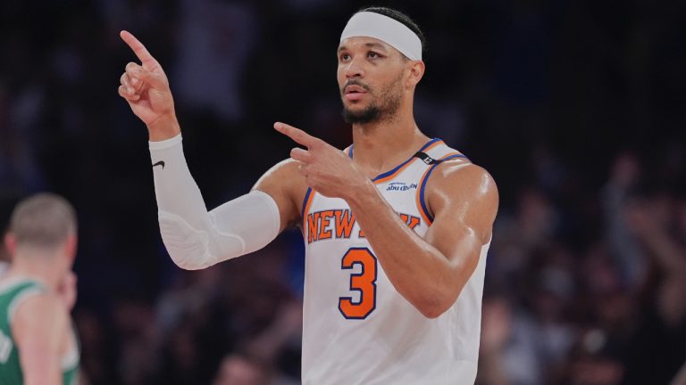 New York Knicks' Josh Hart (3) gestures after Boston Celtics' Jaylen Brown (7) fouls out during the second half of Game 6 in the Eastern Conference semifinals of the NBA basketball playoffs Friday, May 16, 2025, in New York. (Frank Franklin II/AP)