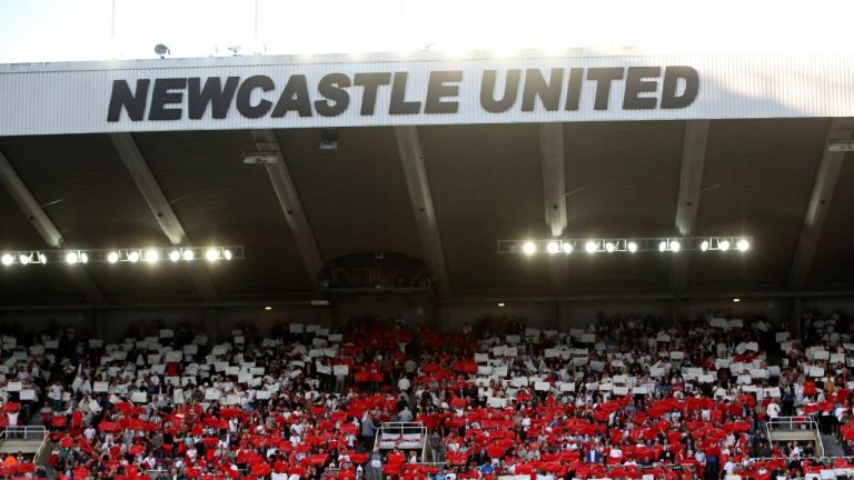 Fans form England's St George's Cross on the stands before an international friendly soccer match between England and Bosnia and Herzegovina at St. James Park in Newcastle, England, Monday, June 3, 2024. (Scott Heppell/AP)