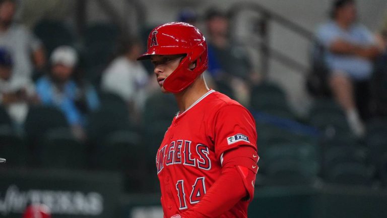 Los Angeles Angels' Logan O'Hoppe after hitting a home run during the ninth inning of a baseball game against the Texas Rangers, Monday, Aug. 25, 2025, in Arlington, Texas. (LM Otero/AP)