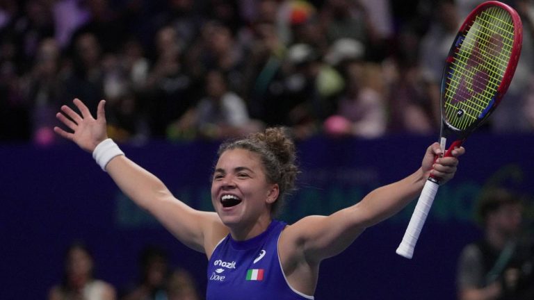 Jasmine Paolini, of Italy celebrates after her team winning the Billie Jean King Cup final against United States, at the Shenzhen Bay Sports Center Arena, in Shenzhen, China's Guangdong province, Sunday, Sept. 21, 2025. (Andy Wong/AP)