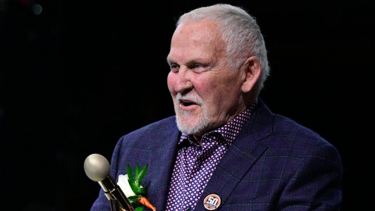 Former Philadelphia Flyers goalie Bernie Parent during a ceremony for public address announcer Lou Nolan prior to an NHL hockey game against the Anaheim Ducks, Saturday, April 9, 2022, in Philadelphia. (Derik Hamilton/AP)
