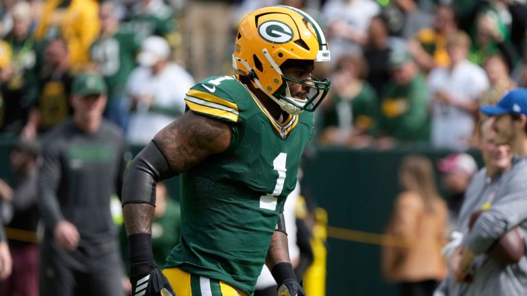 Green Bay Packers defensive end Micah Parsons (1) warms up before an NFL football game against the Detroit Lions Sunday, Sept. 7, 2025, in Green Bay, Wis. (Morry Gash/AP)