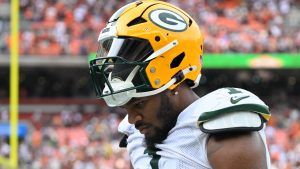 Green Bay Packers linebacker Micah Parsons walks off the field after an NFL football game against the Cleveland Browns, Sunday, Sept. 21, 2025, in Cleveland. (David Richard/AP)