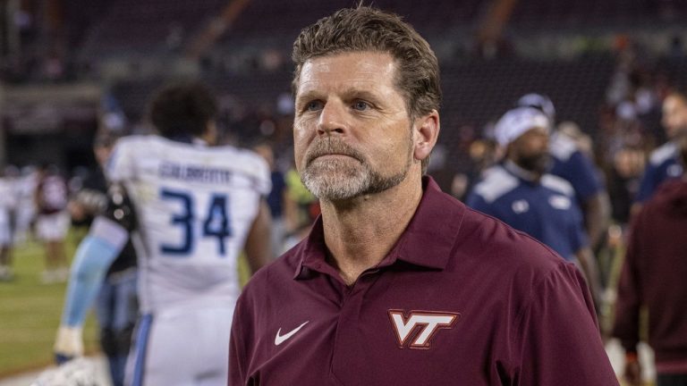 Virginia Tech head coach Brent Pry looks on after an NCAA football game against Old Dominion, Saturday, Sept. 13, 2025, in Blacksburg, Va. (AP/Robert Simmons)