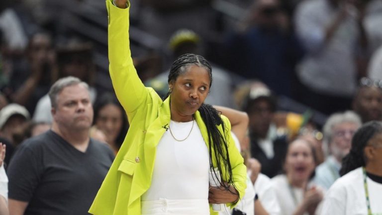 Seattle Storm head coach Noelle Quinn reacts on the sideline during the second half of Game 2 against the Las Vegas Aces in the first round of the WNBA playoffs Tuesday, Sept. 16, 2025, in Seattle. (AP/Lindsey Wasson)
