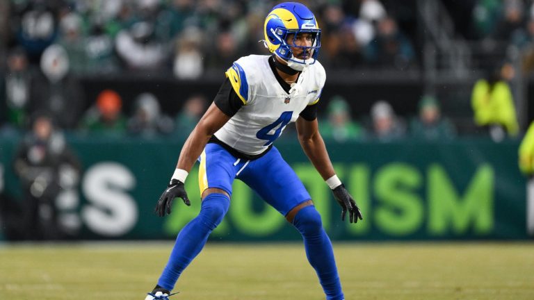 Los Angeles Rams cornerback Ahkello Witherspoon (4) in action during the first half of an NFL divisional playoff football game against the Philadelphia Eagles, Sunday, Jan. 19, 2025, in Philadelphia. (Terrance Williams/AP)