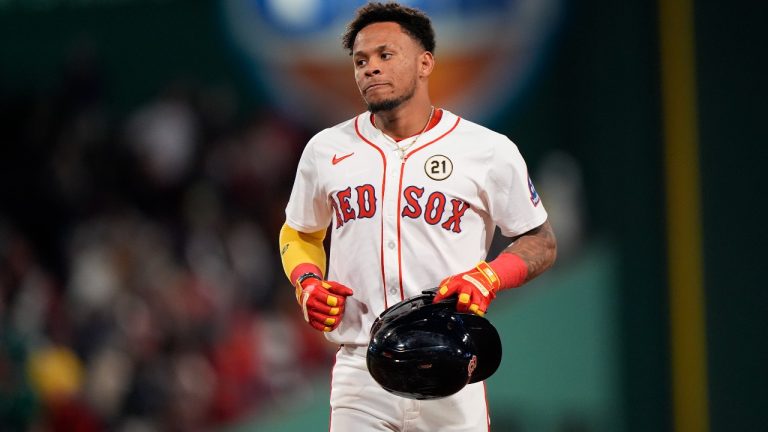 Boston Red Sox Ceddanne Rafaela reacts after getting caught in a double play to end the game in a loss to the Athletics in the ninth inning of a baseball game, Tuesday, Sept. 16, 2025, in Boston. (AP Photo/Robert F. Bukaty)