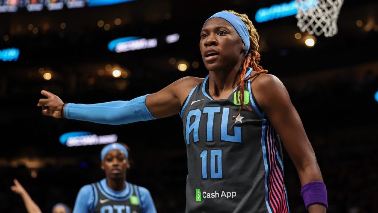 Atlanta Dream guard Rhyne Howard (10) reacts during the first half of an WNBA basketball game against the Indiana Fever, Thursday, May, 22, 2025, in Atlanta. (Colin Hubbard/AP)