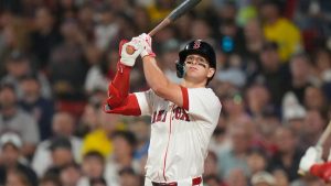 Boston Red Sox Roman Anthony watches his hit go foul in the fifth inning of a baseball game against the Kansas City Royals, Wednesday, Aug. 6, 2025, in Boston. (AP Photo/Robert F. Bukaty)